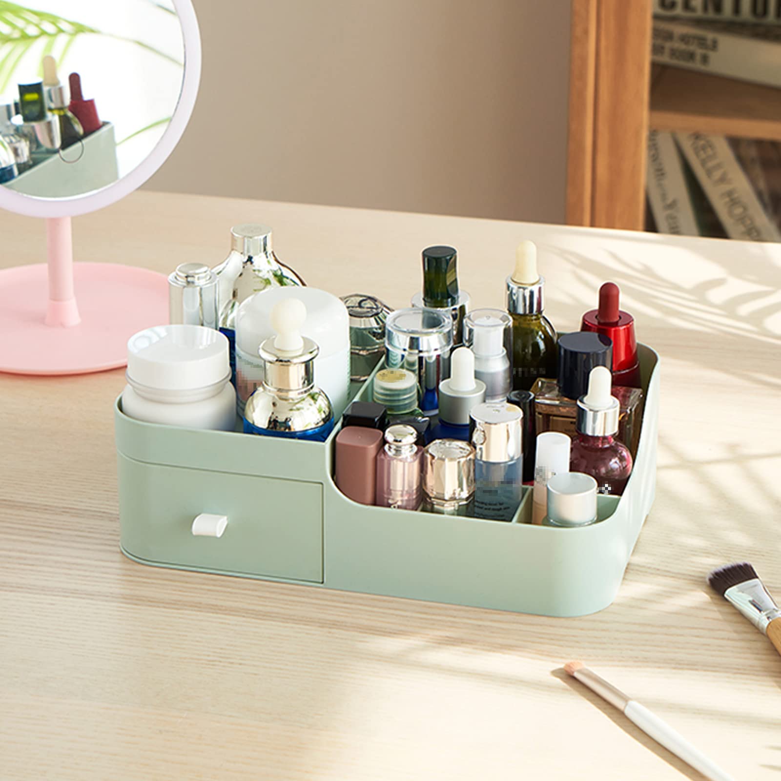 Abiudeng Makeup Desk Organizer with Drawers - Small Bathroom & Vanity Countertop Storage for Cosmetics, Skincare, Jewelry - Holds Lipstick, Brushes, Eyeshadow, Nail Polish & More (Green) | Perfect for Bedroom Vanity, Bathroom Counter & Dressing Table Organization
