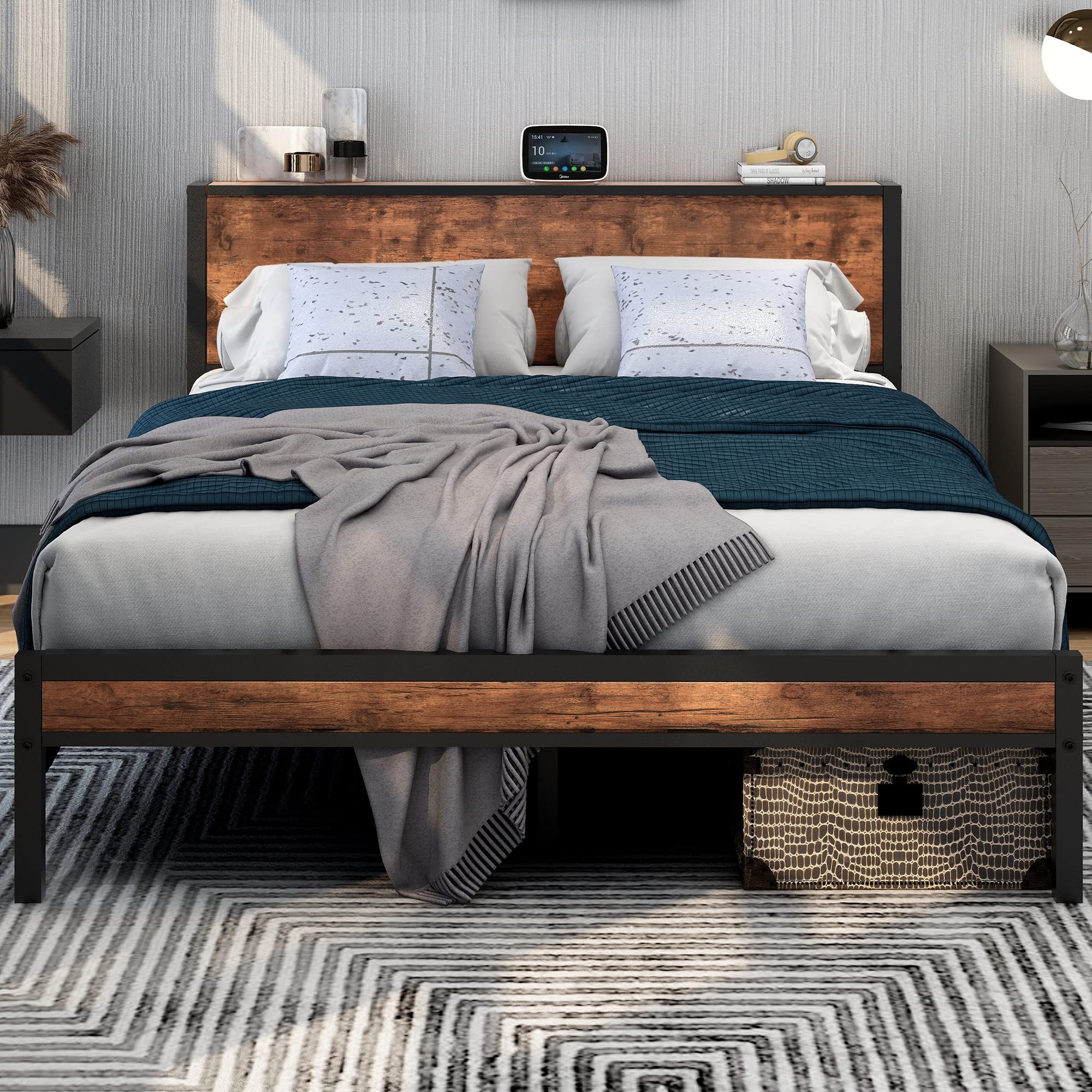 DUMEE Queen Size Bed Frame with Wood Storage Headboard - Sturdy Metal Platform Bed Foundation, No Box Spring Needed, Noise Free, Black & Rustic Brown - Perfect for Small Bedrooms, Guest Rooms & Modern Apartments