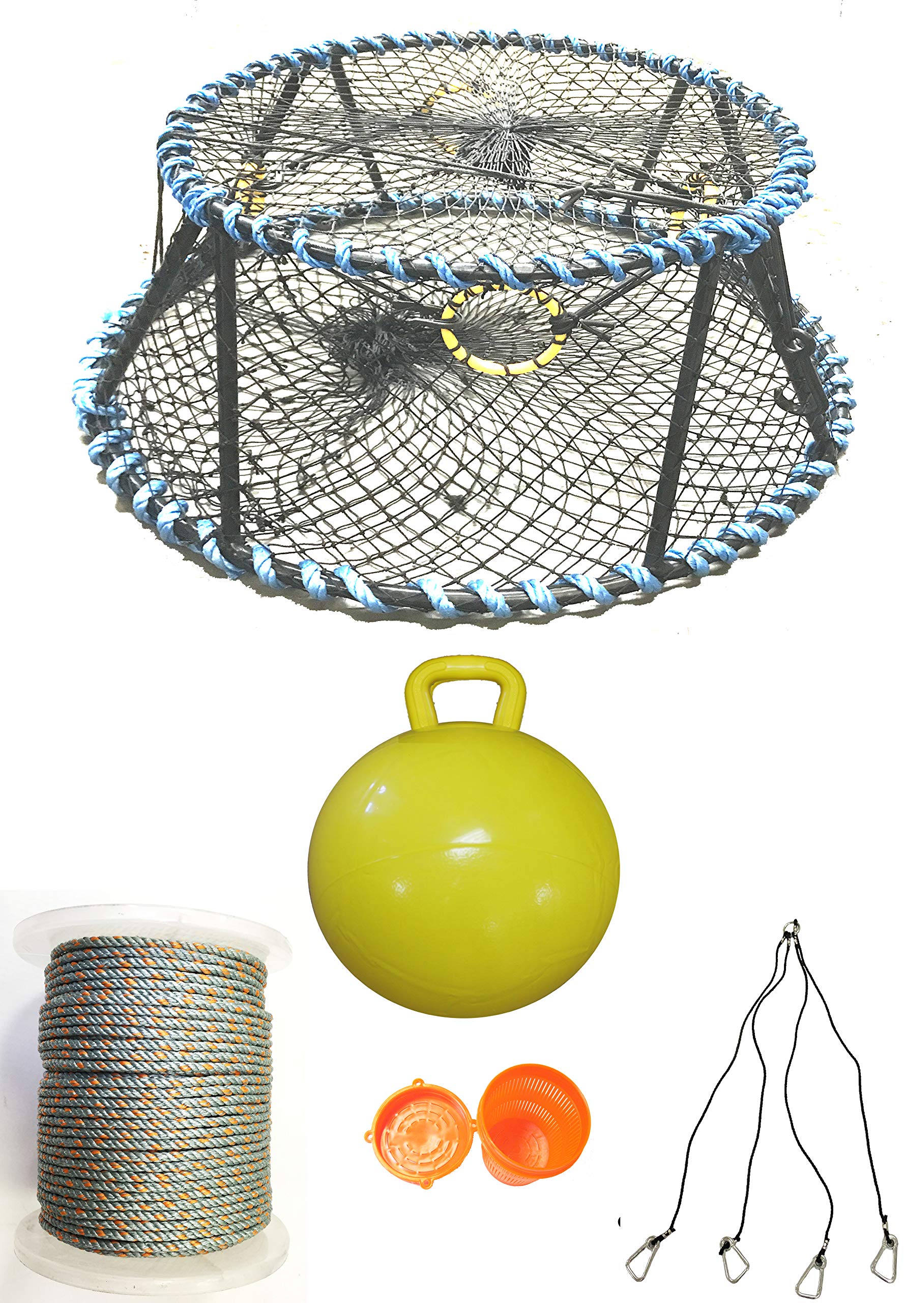 KUFA Sports Heavy Duty Vinyl Coated Prawn Trap - 400' Rope, Yellow Float, Vented Bait Jar & Harness Combo for Shrimp Fishing | Saltwater & Freshwater Use