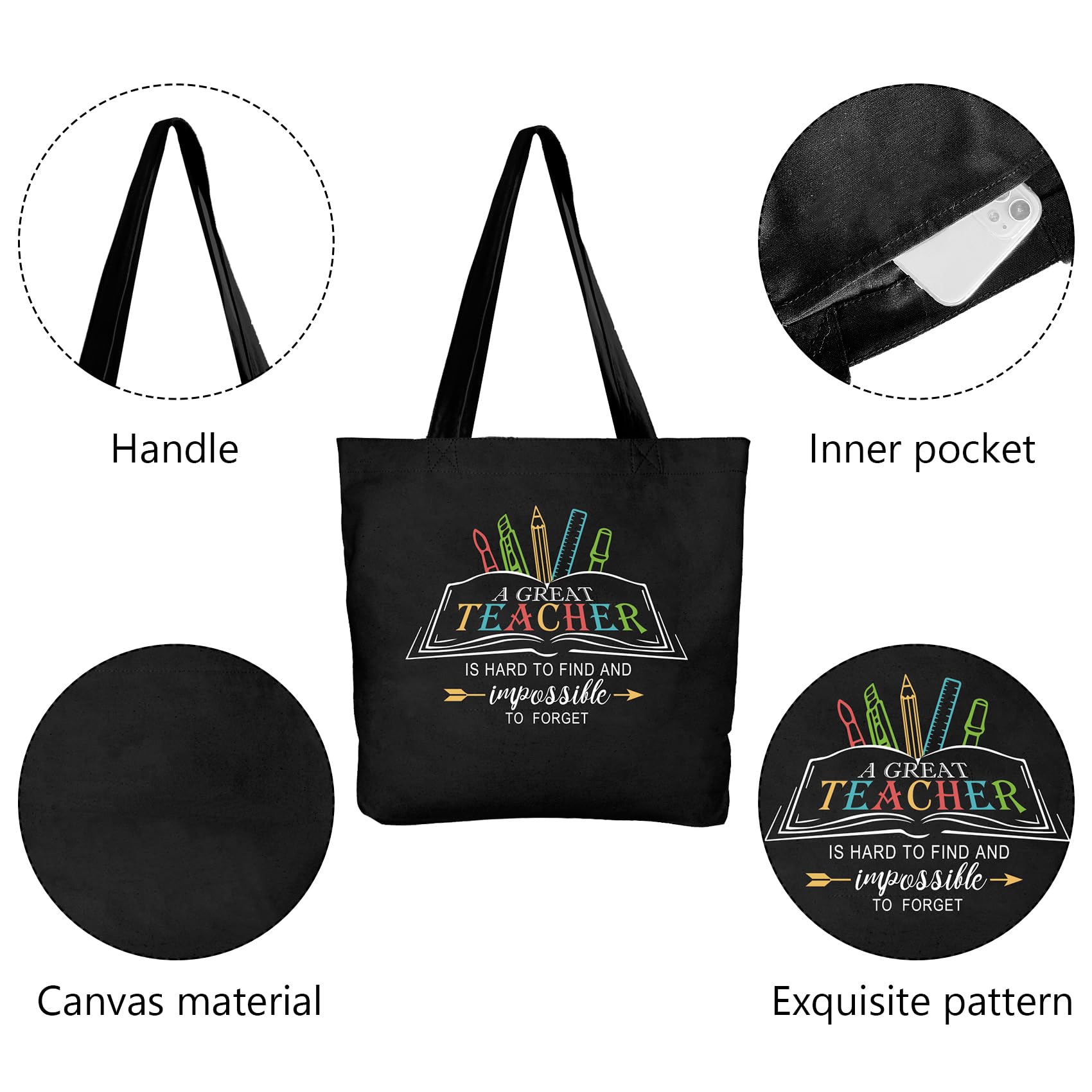 Best Teacher Appreciation Gifts - Premium Canvas Tote Bag for Women with Pockets - Perfect for Graduation, Birthday, Christmas & Thanksgiving - Black Elegant Teacher Bag for Everyday Use, School & Shopping