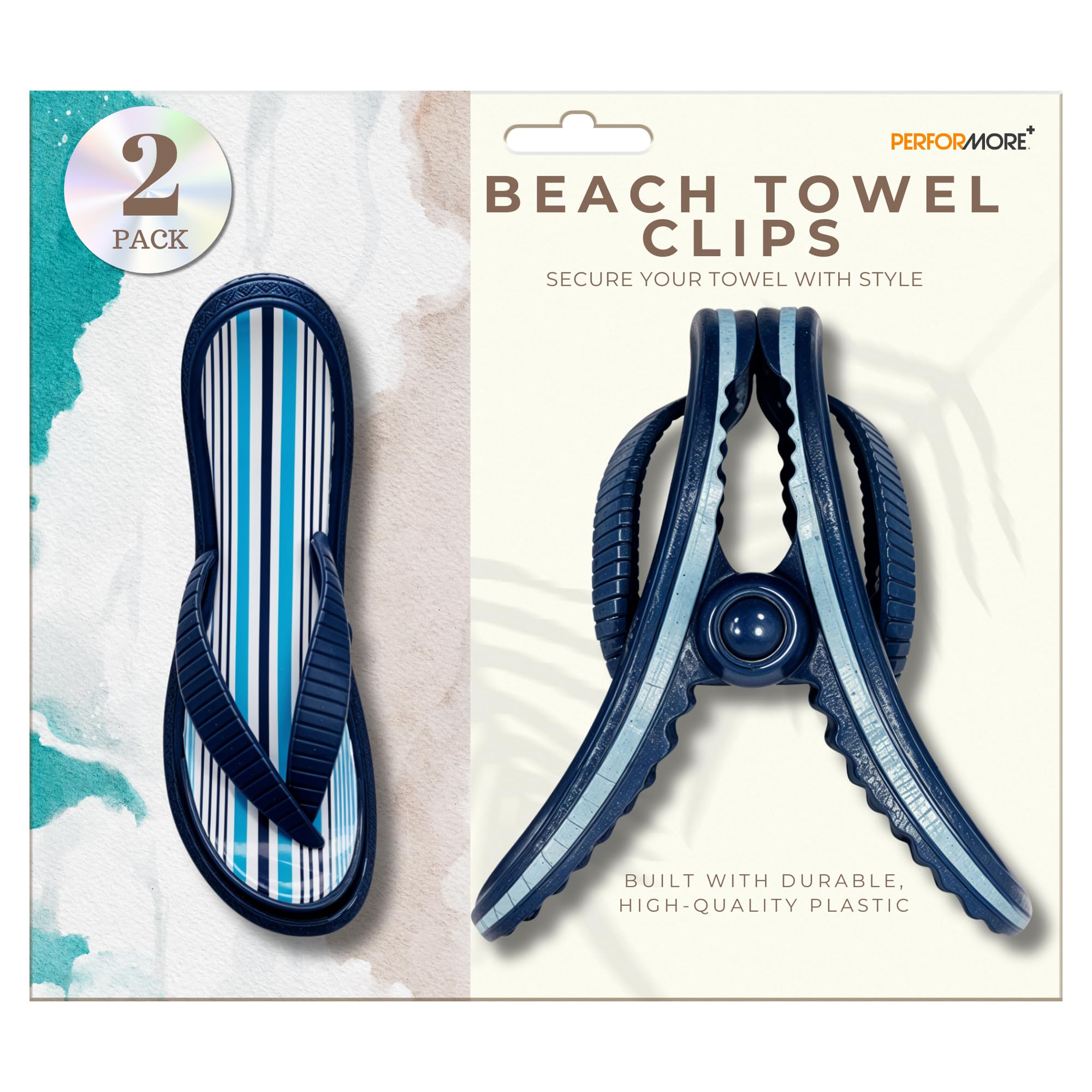 PERFORMORE 2-Pack Flip Flop Beach Towel Clips - Secure Portable Towel Holder for Chairs, Deck, Patio, Pool & Boat - Cruise & Lounge Chair Accessories with Blue Strap - Perfect for Beach, Vacation & Outdoor Relaxation