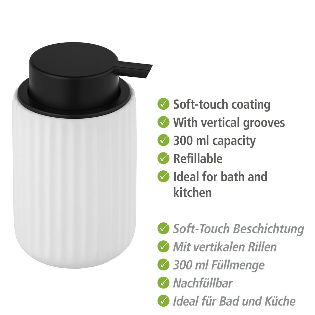 WENKO Badi Ceramic Liquid Soap Dispenser 0.32L (11oz) - Elegant White Bathroom Soap Dispenser for Hand Wash, Kitchen, or Bathroom Countertop Decor