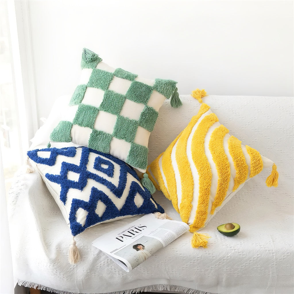 Wavy Yellow Stripes Tufted Cushion Cover - Soft Decorative Pillow Case for Sofa, Bed & Home Decor - Perfect for Living Room, Bedroom & Nursery