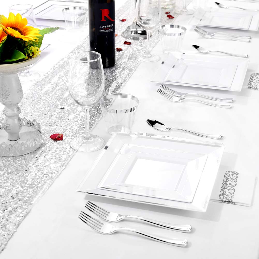50-Pack Silver Plastic Plates with Disposable Cutlery Set - Square Dinner Plates, Silver Plastic Cups & Utensils for Wedding, Party, Banquet & Catering Events - Elegant Disposable Tableware for Easy Cleanup
