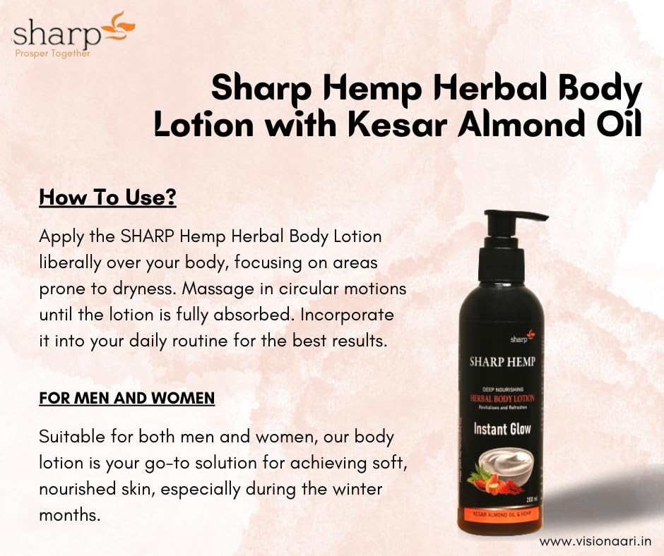**Organic Hemp & Kesar Almond Oil Body Lotion - Deep Nourishing for Dry Skin | Intensive Moisturizing Cream for Men & Women | 200ml | Perfect for Daily Hydration & Post-Shower Care**