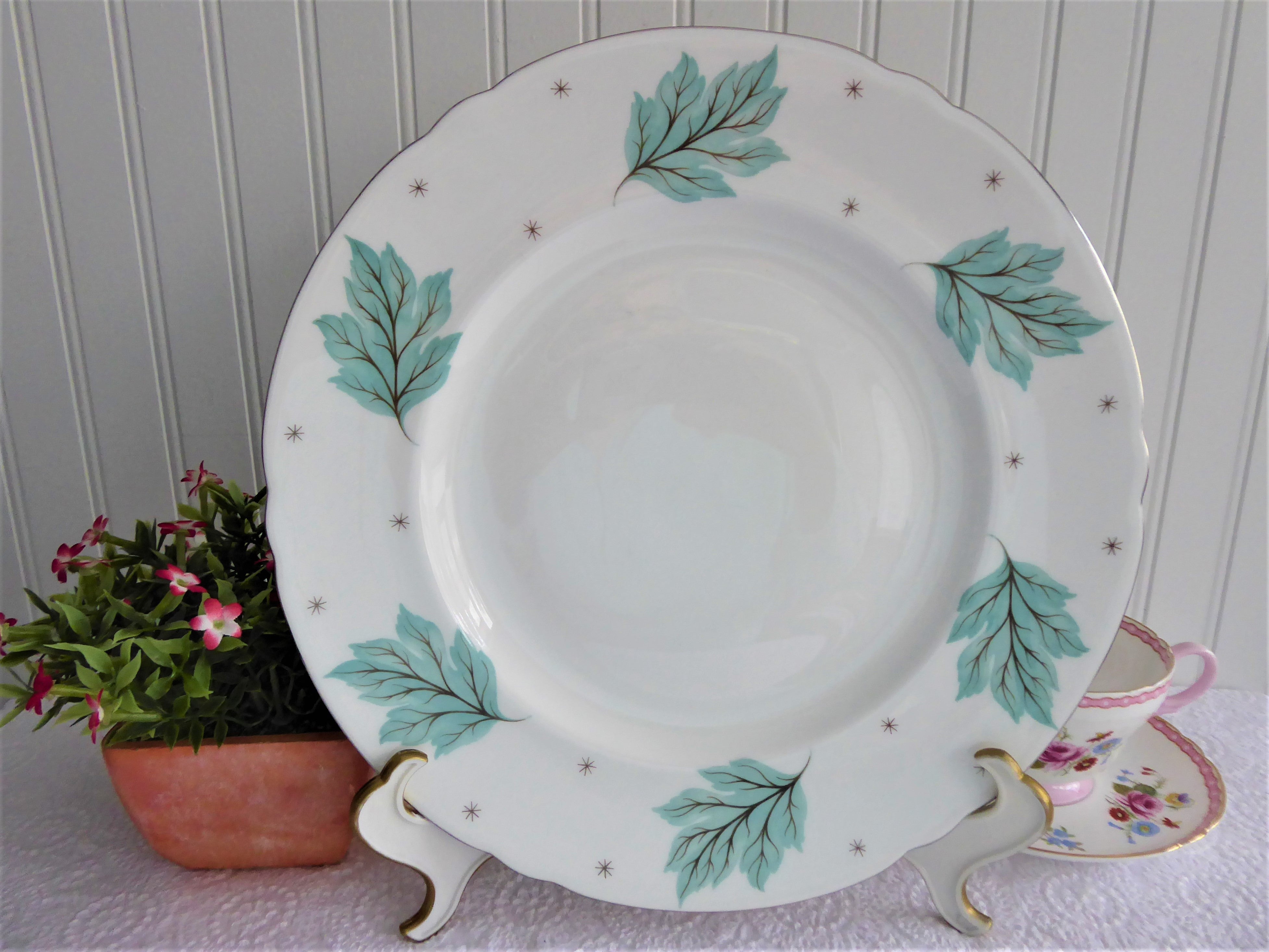 Vintage Shelley Dinner Plates - 10.25 Inch Drifting Leaves Design with Aqua Blue & Platinum Trim (Set of 4) - Perfect for Fine Dining, Tea Parties, and Vintage Tableware Collections