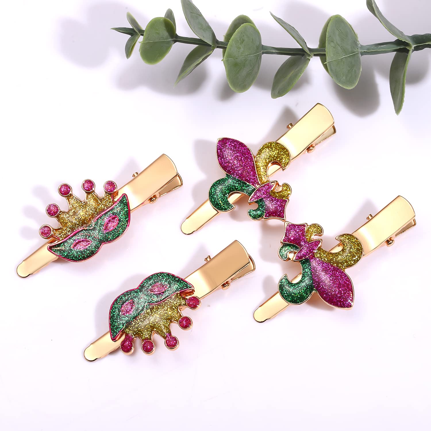 Sparkly Mardi Gras Hair Clips - Cute Fleur De Lis Sequin Barrettes & Glitter Crown Hairpins for Carnival, Festive Parties, Parades & Holiday Celebrations - Perfect Costume Accessories for Women & Girls