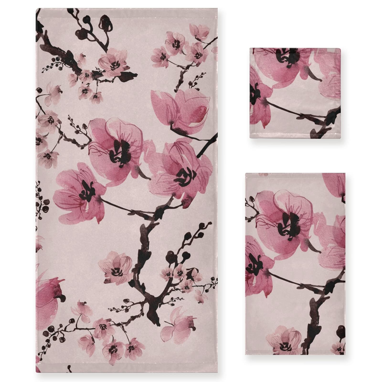 Premium Cherry Blossom Cotton Bath Towel Set - Ultra Soft 3-Piece Luxury Towels (1 Bath, 1 Hand, 1 Square) for Spa, Bathroom & Guest Use - Elegant Pink Home Decor