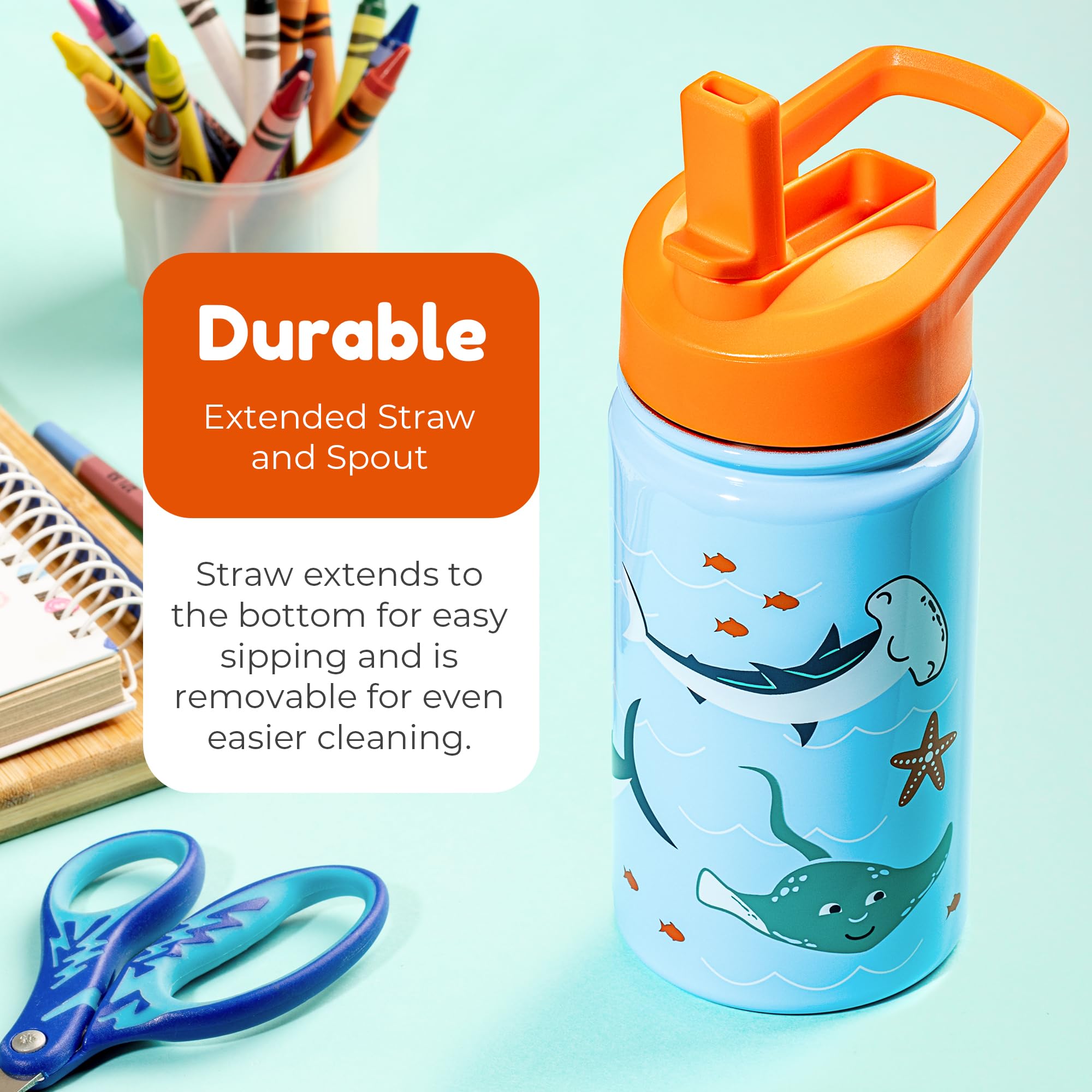 BOZ Stainless Steel Insulated Water Bottle for Kids & Toddlers - 14oz (414ml) Leak Proof with Straw Lid, Perfect for School, Travel & Outdoor Activities - Sharks Design