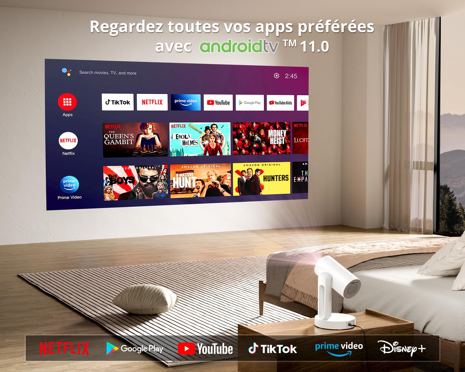 ETOE 4K Android TV 11.0 Smart Projector with Netflix Certification - 300 ANSI Lumens, Auto Keystone, Rotating Ceiling Mount, 5G WiFi & Chromecast Support (White) - Perfect for Home Theater, Gaming & Outdoor Movie Nights