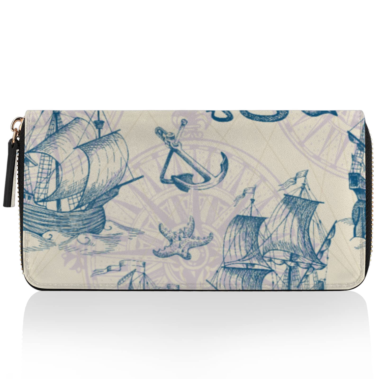 Vintage Nautical Sailboat Leather Wallet for Women - Large Credit Card Holder with Zipper Coin Purse & Phone Pocket - Slim Bifold Wallet for Everyday Use, Travel, and Gifts