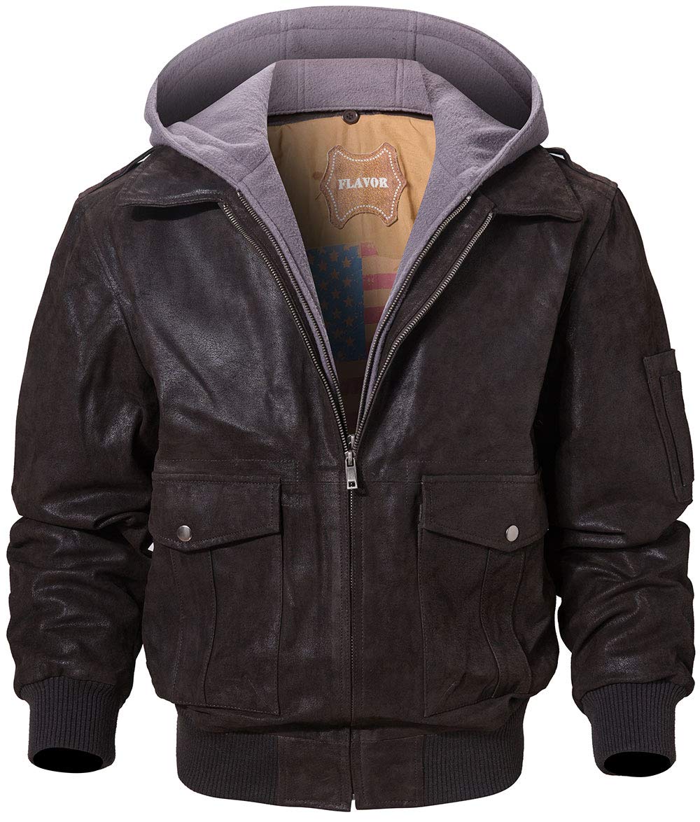 FLAVOR Men's Genuine Leather Flight Bomber Jacket - Classic Air Force Aviator Style for Winter & Motorcycle Riding - Perfect for Casual Wear, Outdoor Adventures & Vintage Fashion