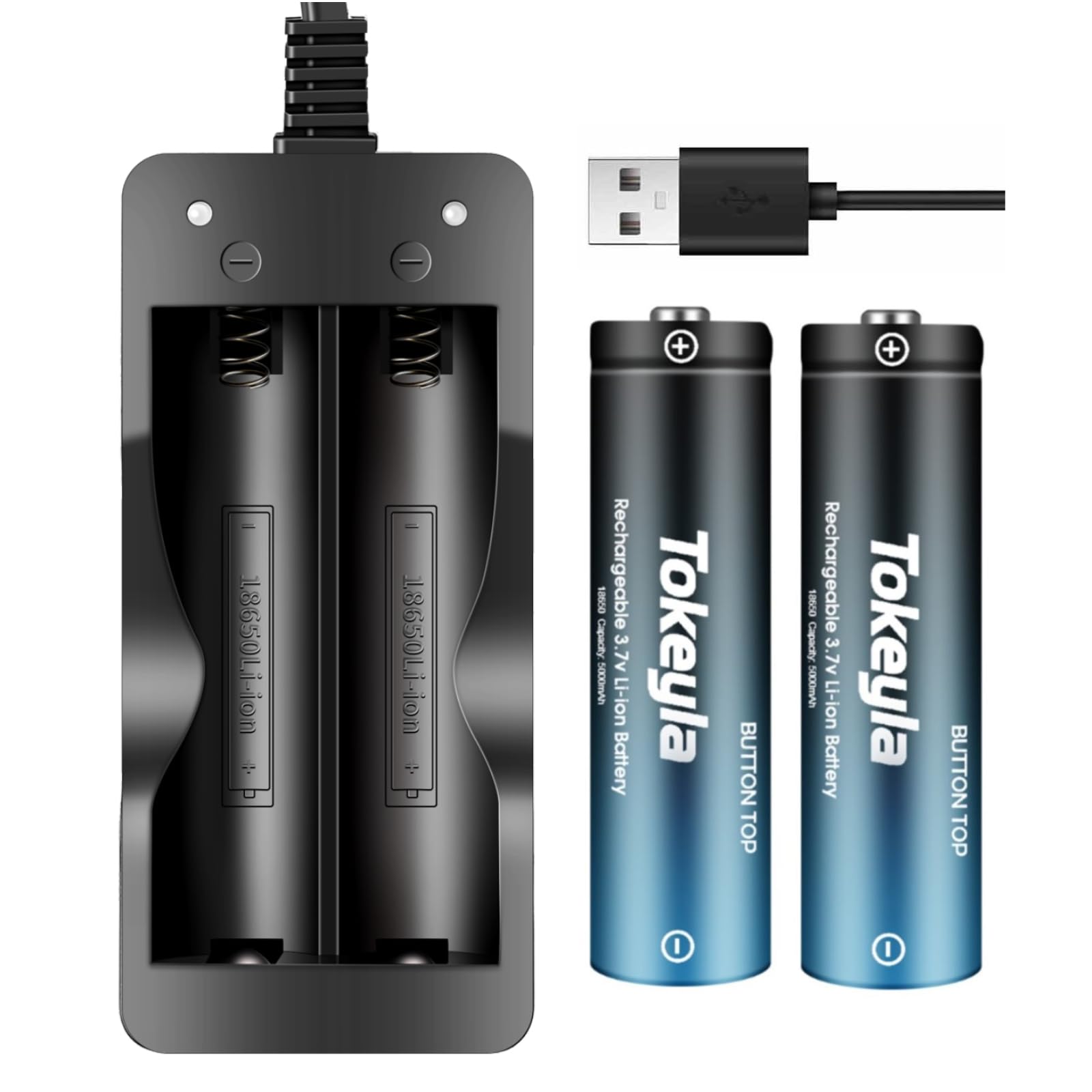 2 Bay 18650 Rechargeable Battery Charger - Smart Charger for Flashlight, Headlamp & 3.7V Li-ion Batteries (Includes 2PCS Button Top Batteries) - Perfect for Camping, Emergency Kits & Outdoor Gear