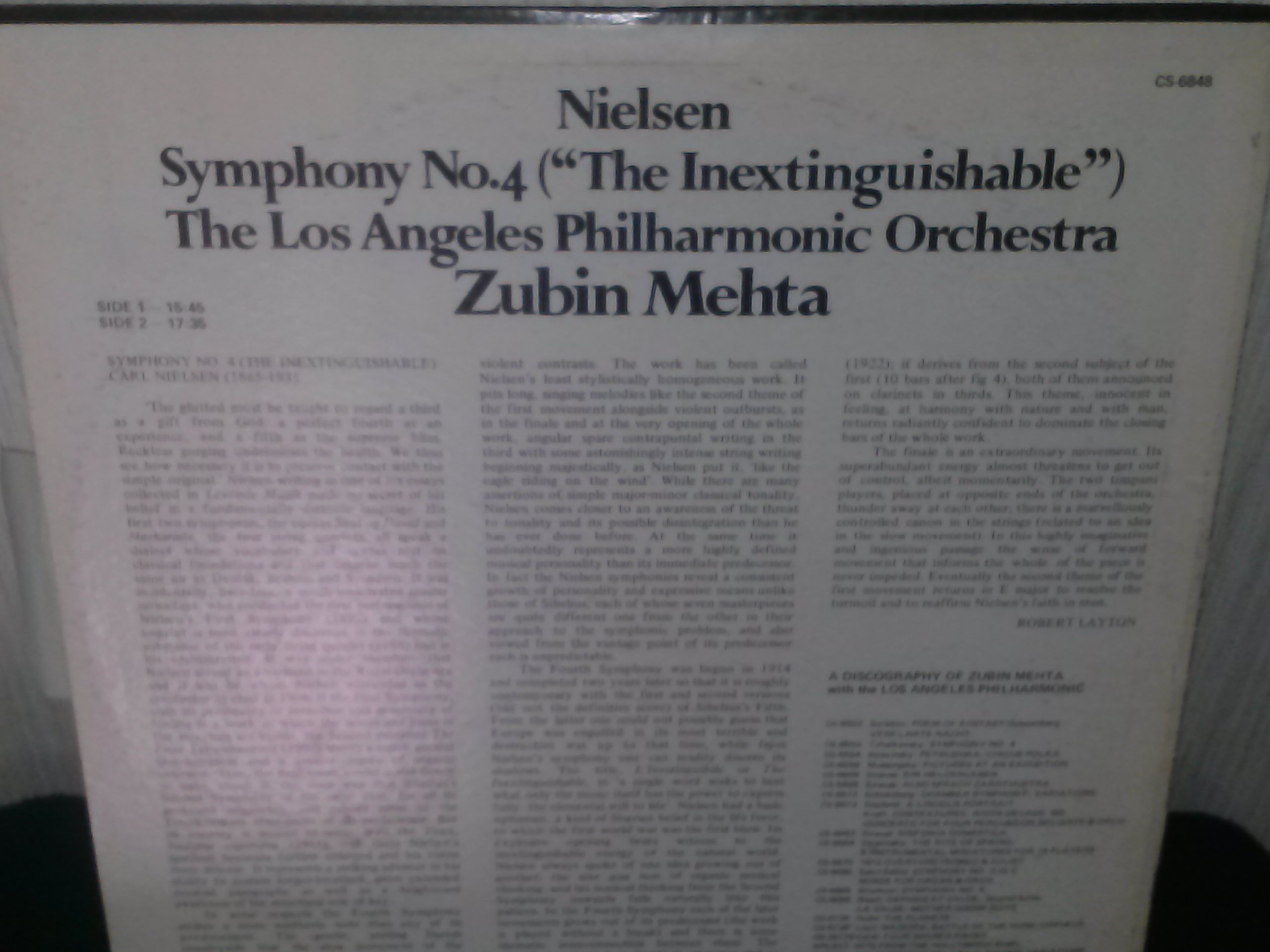 Nielsen Symphony No.4 'The Inextinguishable' - Los Angeles Philharmonic Orchestra Conducted by Zubin Mehta | London CS6848 NM/NM | Perfect for Classical Music Lovers & Audiophiles