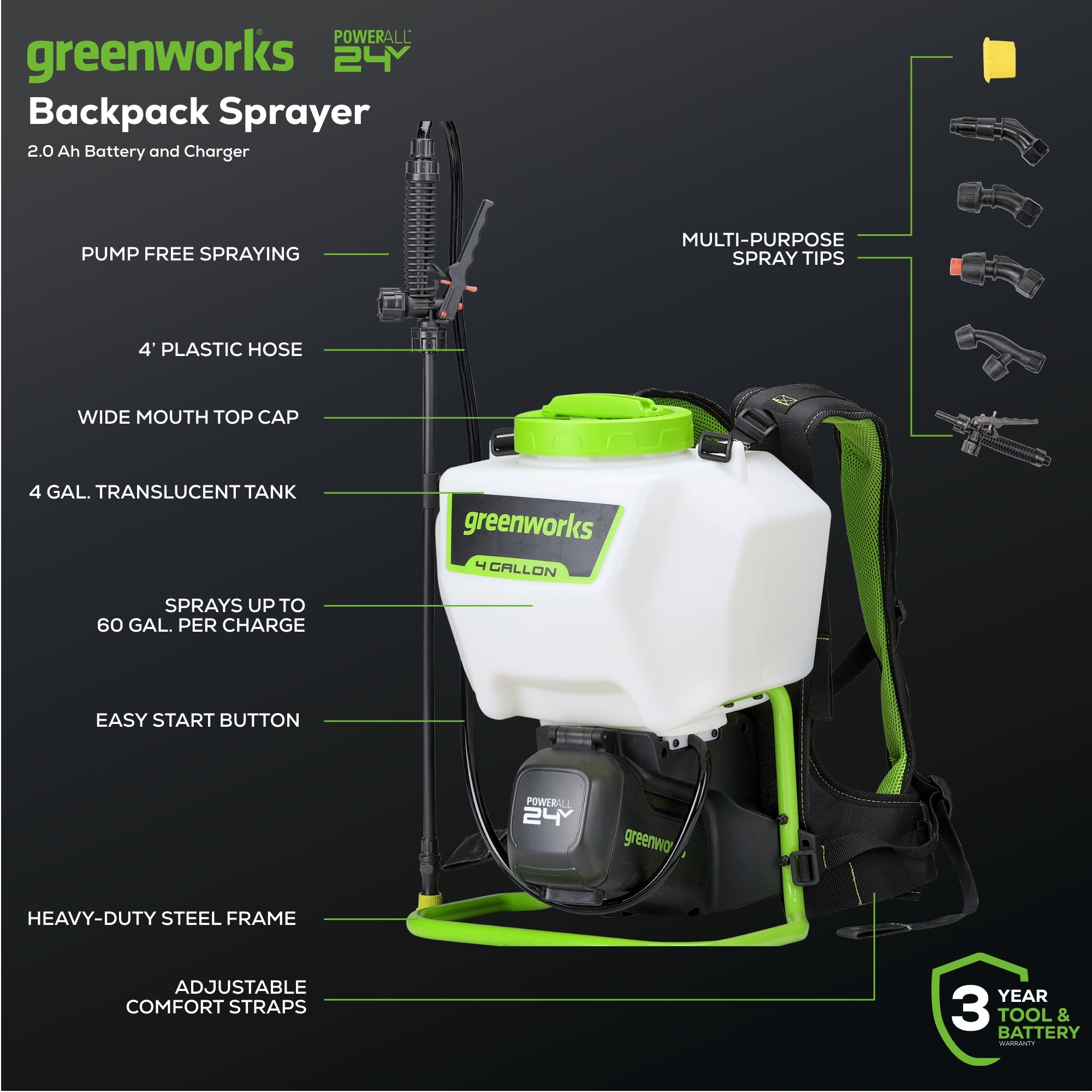 24V Cordless Battery Backpack Sprayer with 2.0Ah USB Rechargeable Battery & Charger - Ideal for Gardening, Lawn Care, Pest Control and Agricultural Spraying