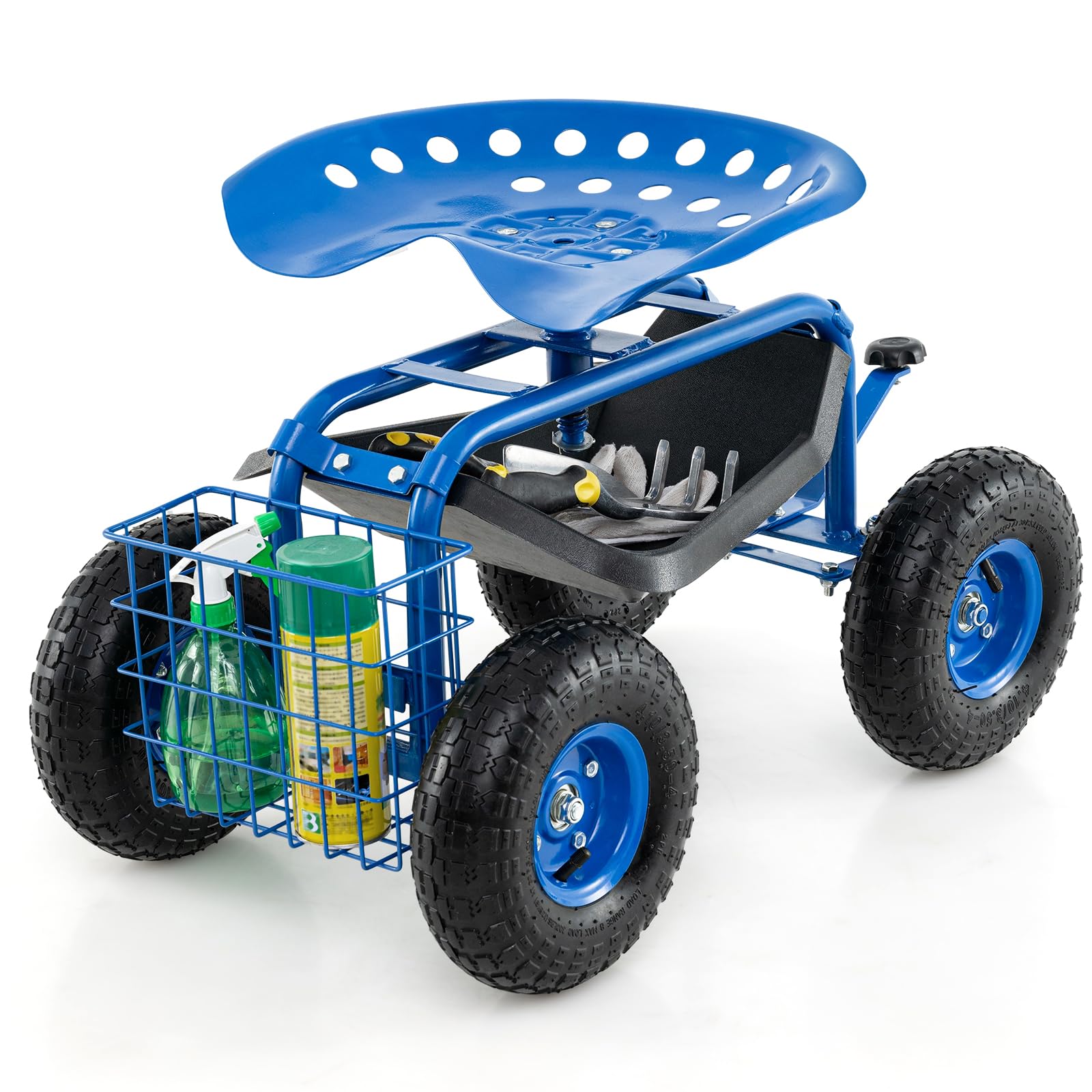 Giantex 360° Swivel Rolling Garden Work Seat with Wheels & Tools Basket - Adjustable Height Gardening Cart for Patio, Lawn, Yard - Outdoor Steerable Stool for Planting, Weeding & Landscaping (Blue)