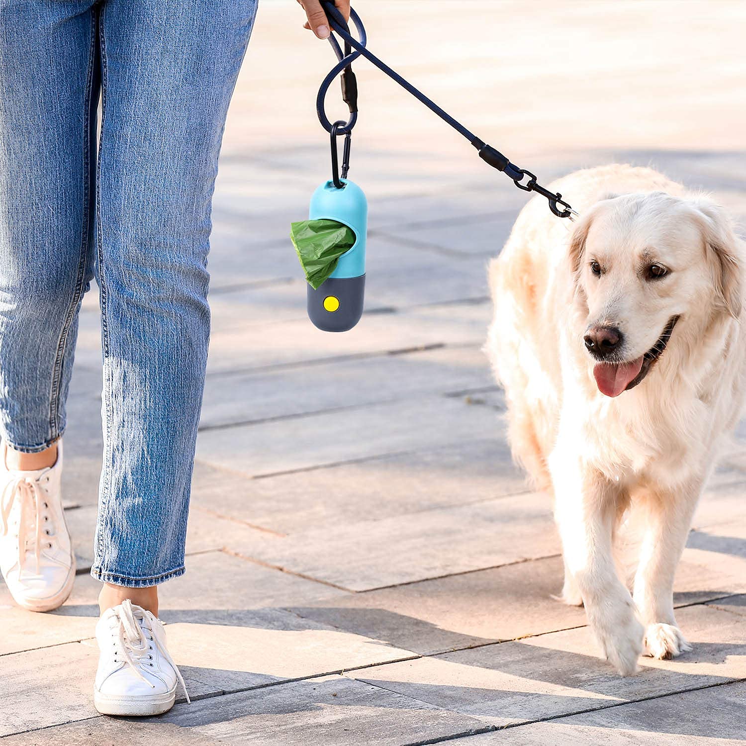 LED Dog Poop Bag Holder with Flashlight - 2 Pack Leash Attachment Waste Bag Dispenser with Carabiner Clip & 6 Rolls Included - Convenient for Night Walks, Park Visits, and Travel with Your Pet