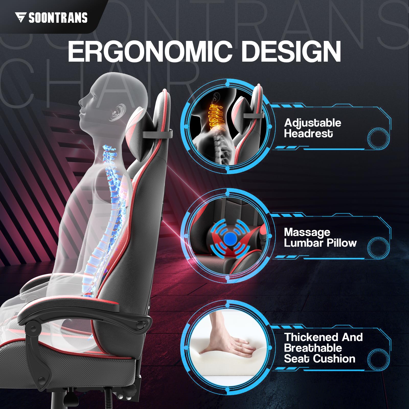 Soontrans Ergonomic Gaming Chair with Massage Lumbar Support & Headrest - Adjustable Height High-Back Computer Desk Chair with Linkage Armrests (Ruby Red) - Perfect for Esports, Streaming & Home Office Setup