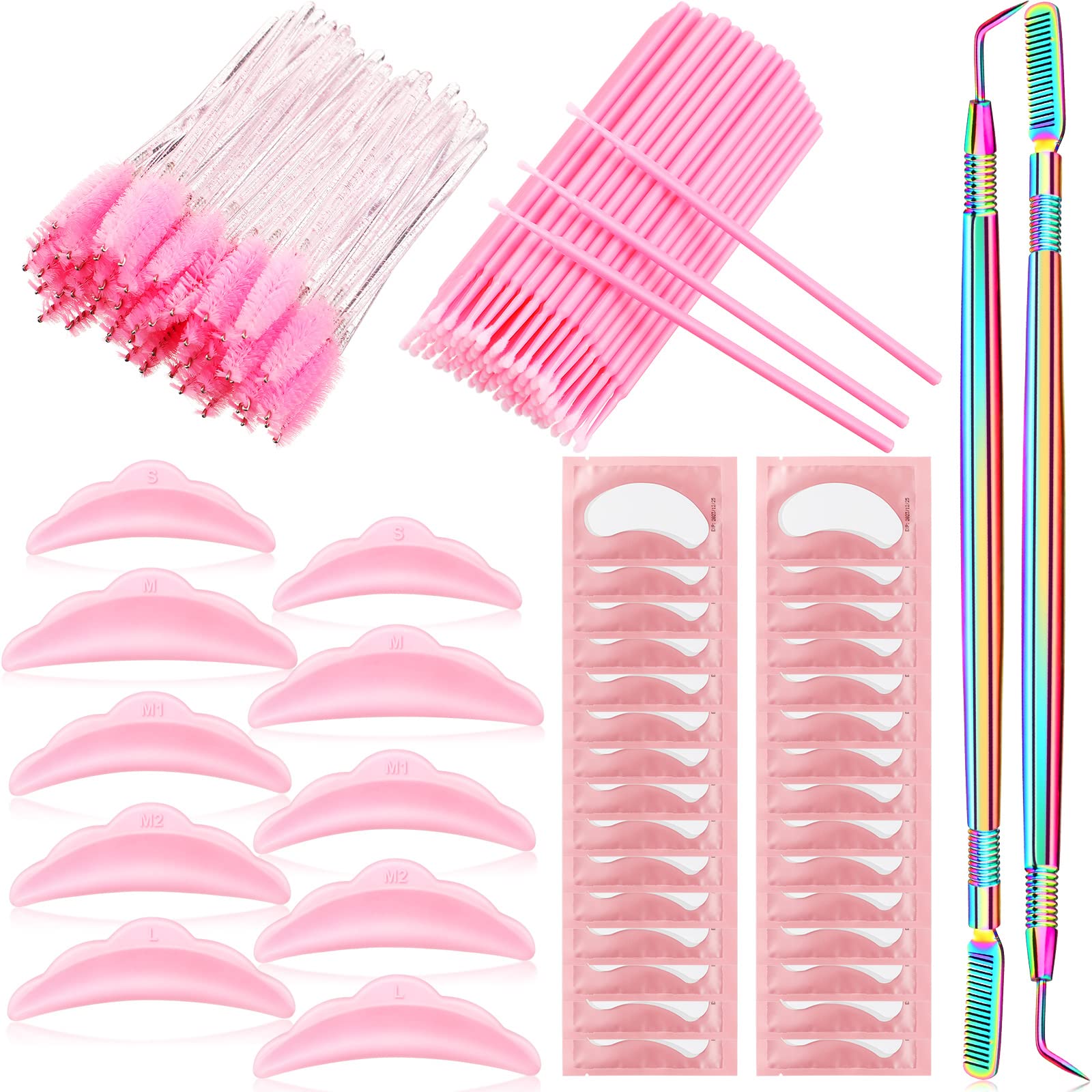 232 Pcs Professional Lash Lift Kit - 50 Silicone Eyelash Lift Rods, 2 Eyelash Separator Tools with Comb, 100 Micro Swabs, 50 Mascara Brushes & 30 Eye Pads (Pink) | Salon Quality DIY Eyelash Perming Kit for Home & Professional Use