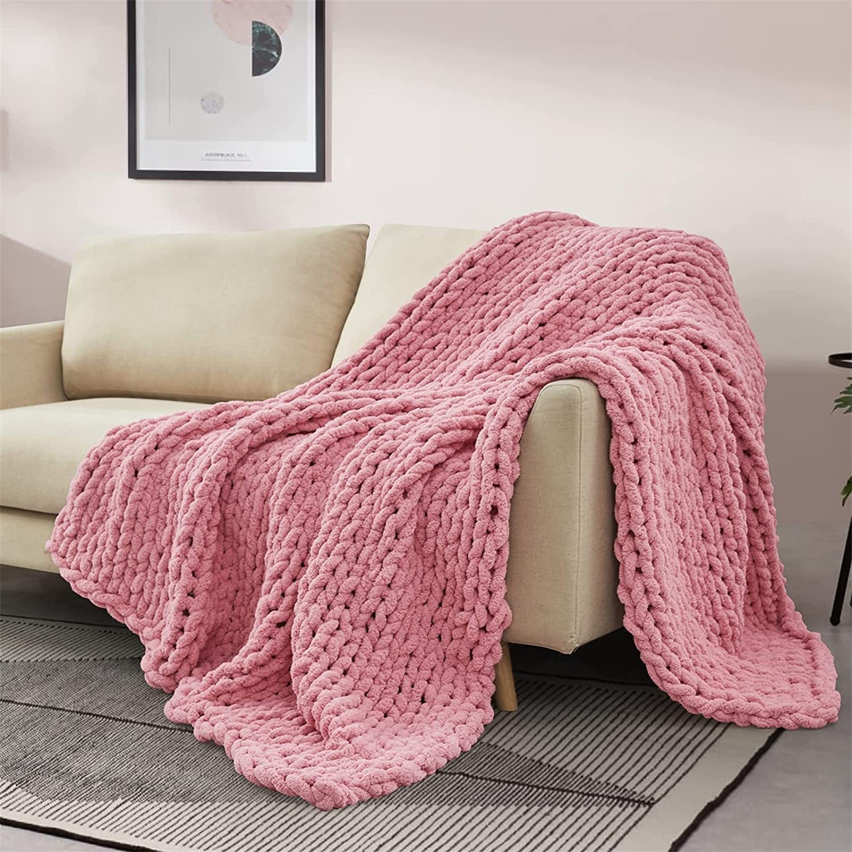 Chunky Knit Blanket - Handmade Soft Chenille Throw, Cozy & Warm, Large 47x59in (120x150cm) for Couch, Bed, Sofa - Perfect for Winter Nights, Living Room Decor, Gift Idea - Pink