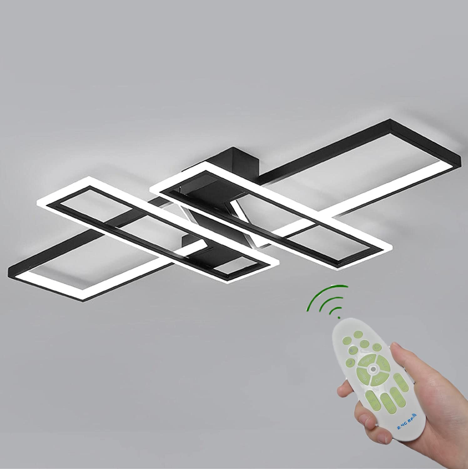 Modern Dimmable LED Ceiling Light with Remote Control - 4 Rectangular Black Metal Acrylic Flush Mount Chandelier - Perfect for Living Room, Bedroom, Dining Room, Kitchen & Study (35.4 Inch) - Energy-Efficient Lighting for Home & Office Spaces