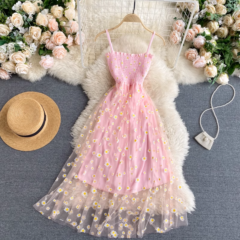 Fairy Summer Spaghetti Strap Dress - Floral Mesh Embroidered Midi Skirt with Chrysanthemum Design | Boho Chic Beach Dress for Women, Perfect for Vacations, Parties and Date Nights