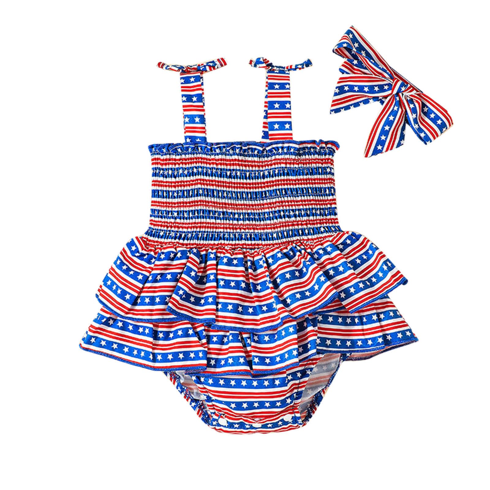 Baby Girls' 4th of July Outfit - Ruffled Sleeveless Striped Romper with Headband | Independence Day Party, Photo Shoot & Summer Celebration