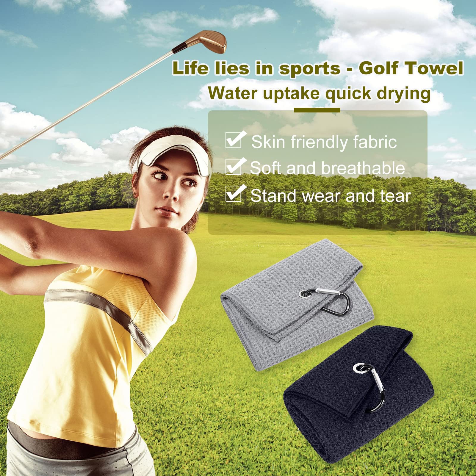 Betlife Golf Towel 2 Pack - Premium Microfiber Waffle Pattern Towels with Heavy Duty Carabiner Clip (2 Pcs, 2 Colors) - Perfect for Golf, Gym, Sports & Outdoor Activities