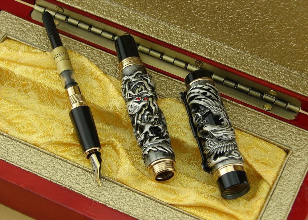 Jinhao Dragon Phoenix Fountain Pen Set - Vintage Black Fude Bent Nib Luxury Writing Pen with Gift Case | Perfect for Calligraphy, Journaling & Collectors