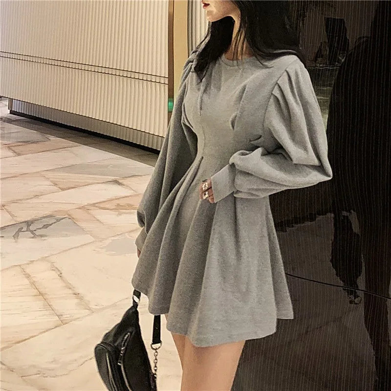 Korean Style Autumn Black Mini Dress - Long Sleeve Pleated Wrap Dress for Women | Spring Fashion Casual Streetwear | Perfect for Kpop Outfits, Date Nights & Office Wear