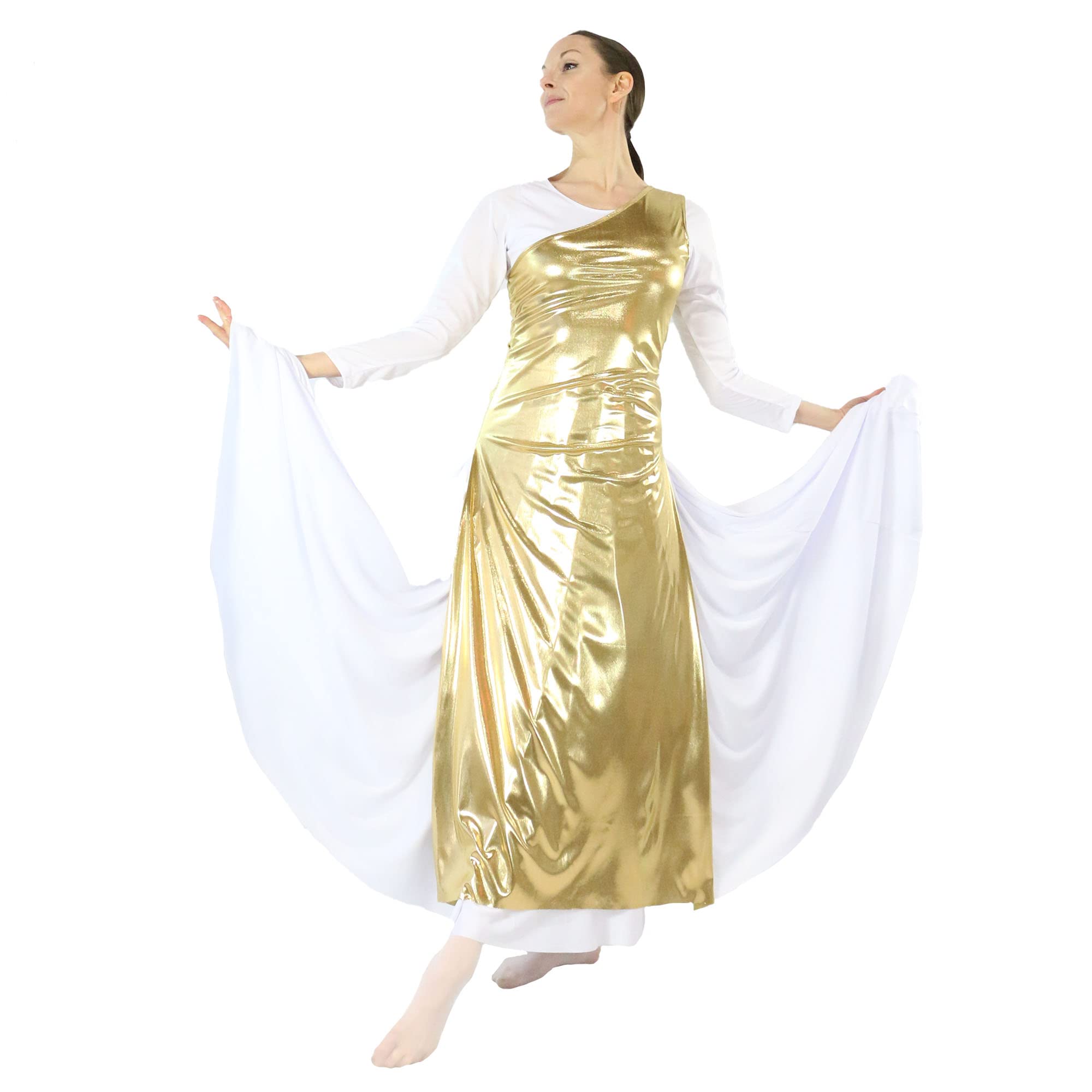 Danzcue Women's Metallic Worship Dance Tunic with Side Slits - Flowy Church Dance Top for Contemporary Worship & Ballet Performance (White Dress Not Included)