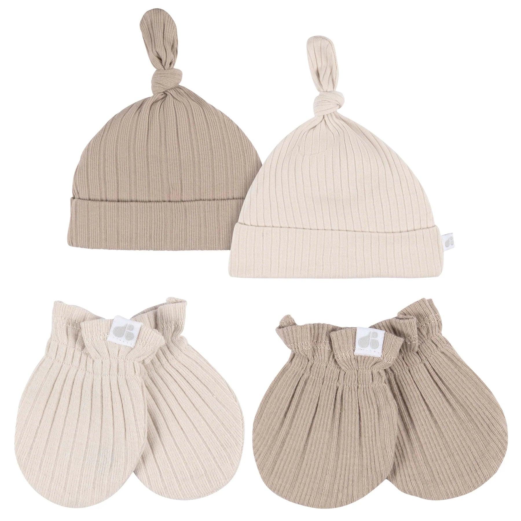 Gerber Baby Just Born 4-Piece Hat and Mittens Set - Neutral Tan for Newborns - Perfect for Hospital, Photo Shoots & First Outings