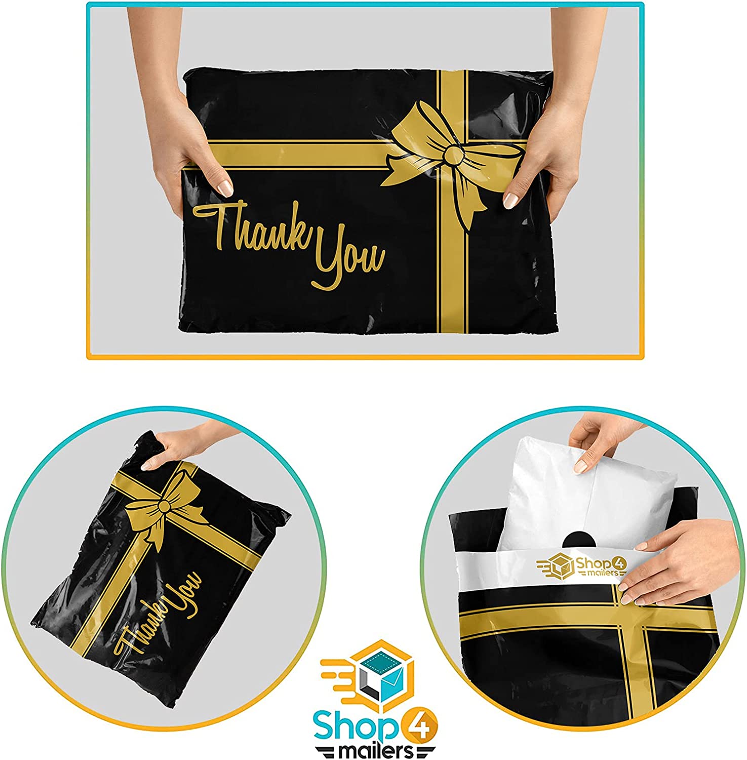 10 x 13 Inch Black and Gold Holiday Thank You Gift Bags with Bow - 2 Mil Poly Mailer Envelopes for Christmas Presents, Party Favors & Mailing Gifts | Shop4Mailers