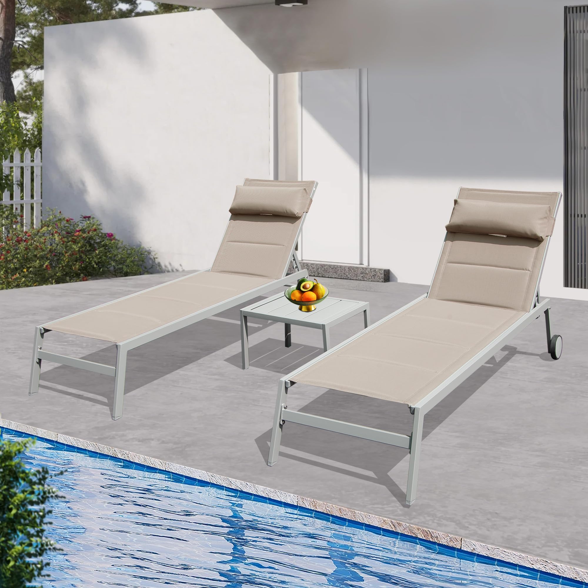 Domi Patio 3-Piece Chaise Lounge Set with Adjustable Recliner, Textilene Padded Aluminum Pool Lounge Chairs & Side Table - All-Weather Outdoor Furniture for Backyard, Deck, Poolside, Beach, and Garden Use