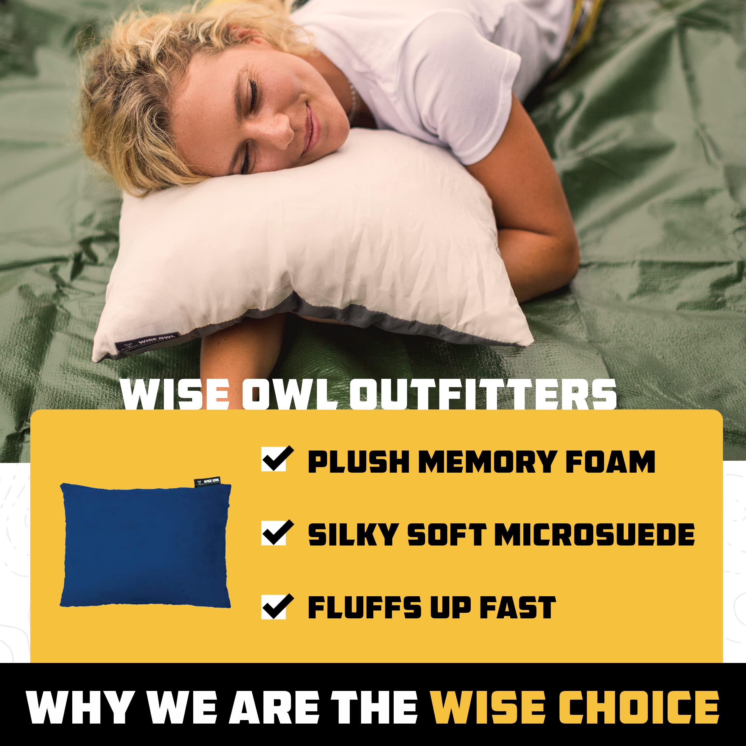 Wise Owl Outfitters Camping Pillow - Portable Memory Foam Travel Pillow for Airplanes, Hiking & Outdoor Adventures - Washable Small/Medium Size - Perfect for Camping, Backpacking & Long Flights