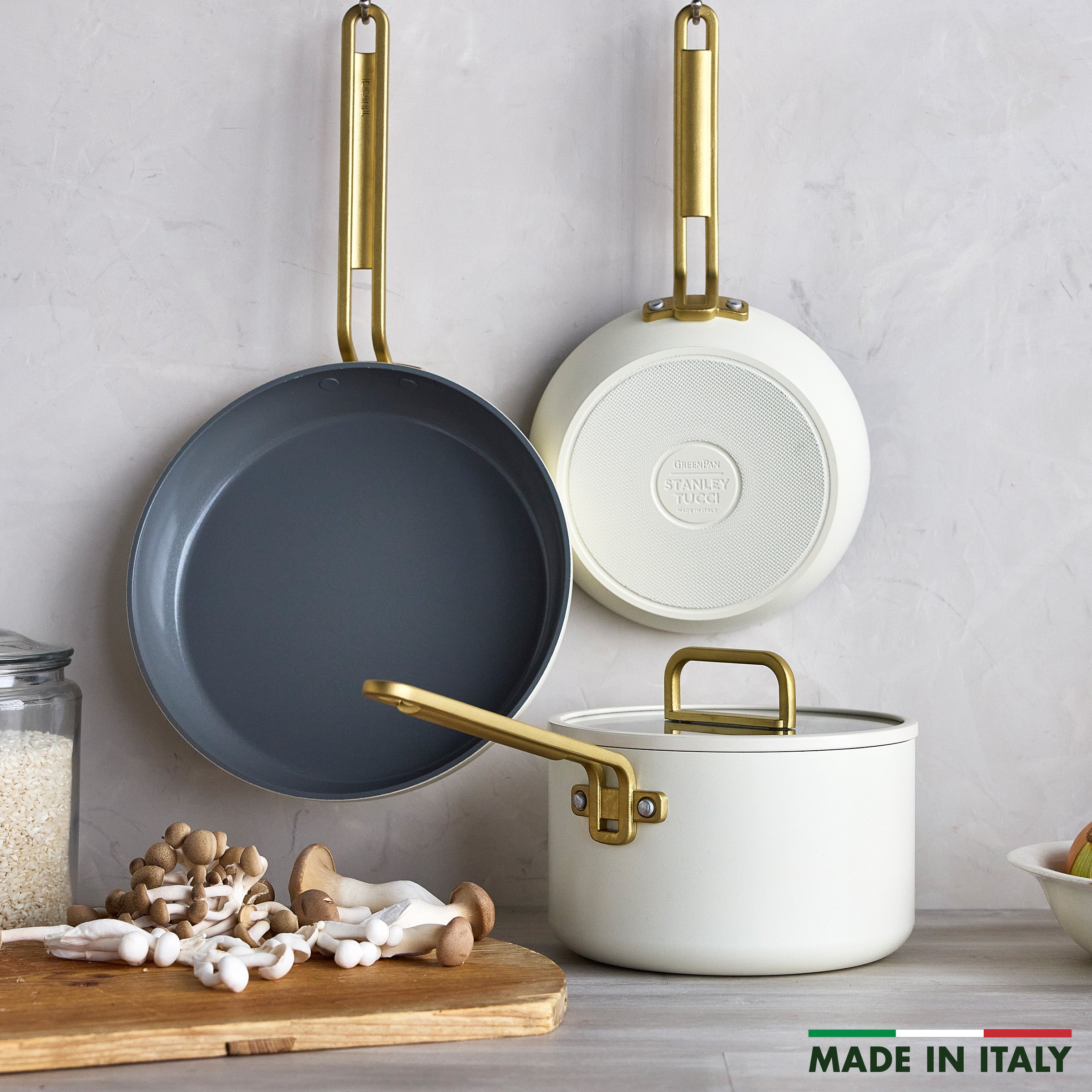 Stanley Tucci™ Ceramic Nonstick 4-Piece Cookware Set with Free Cookbook | Carrara White | Perfect for Home Cooking, Gifts & Professional Chefs
