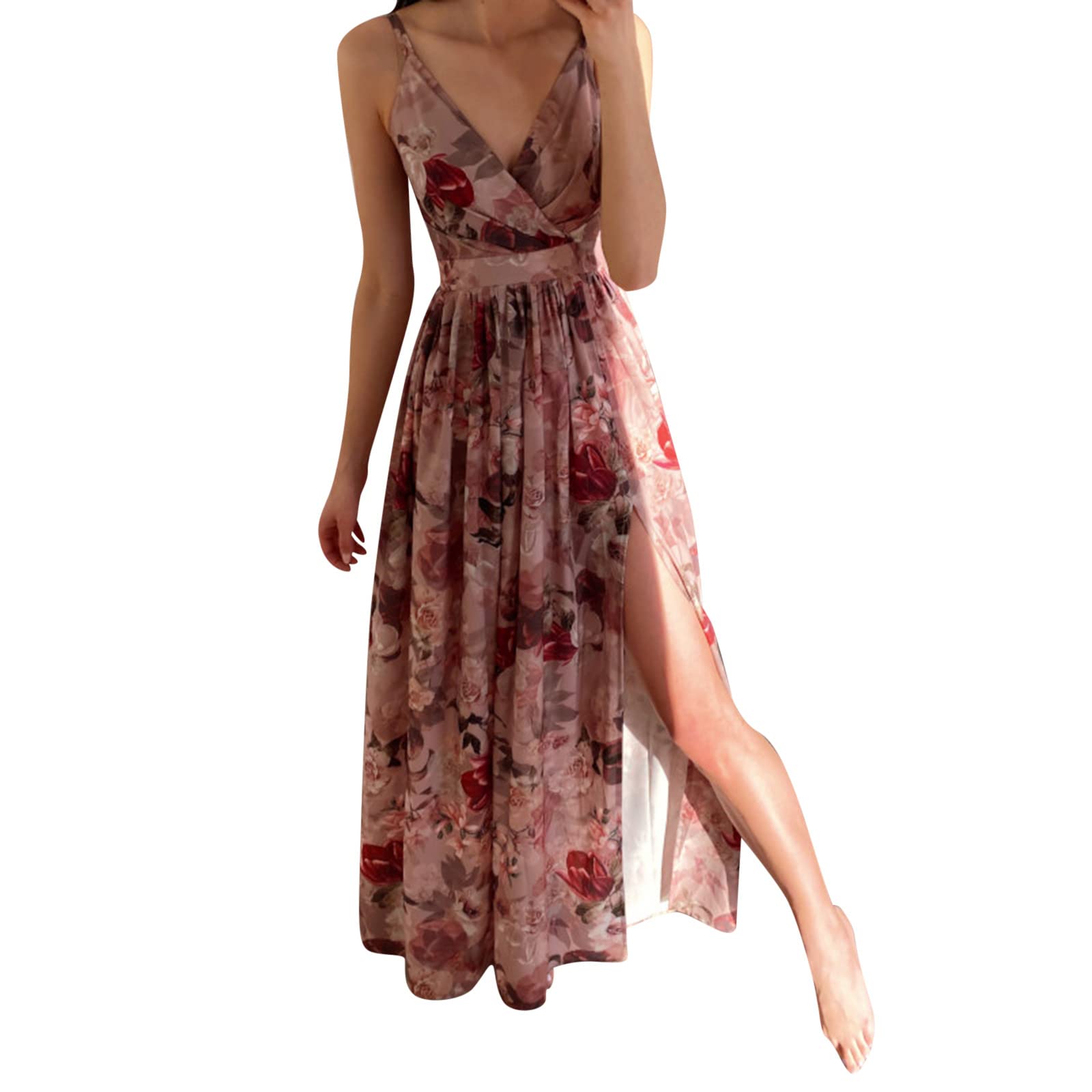 Elegant Women's Floral Printed Sleeveless V-Neck Evening Dress with Thigh Split - Perfect for Parties, Festivals & Summer Events
