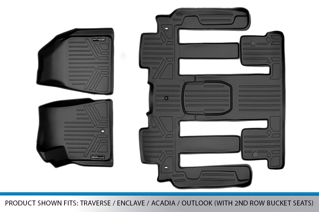 MAXLINER Custom Fit All-Weather Floor Mats 3 Row Set - Black - Compatible with Chevy Traverse, Buick Enclave, GMC Acadia, Saturn Outlook (2009-2017 Models with 2nd Row Bucket Seats) | Heavy Duty Protection for Mud, Snow & Spills | Perfect for Family Road Trips & Outdoor Adventures
