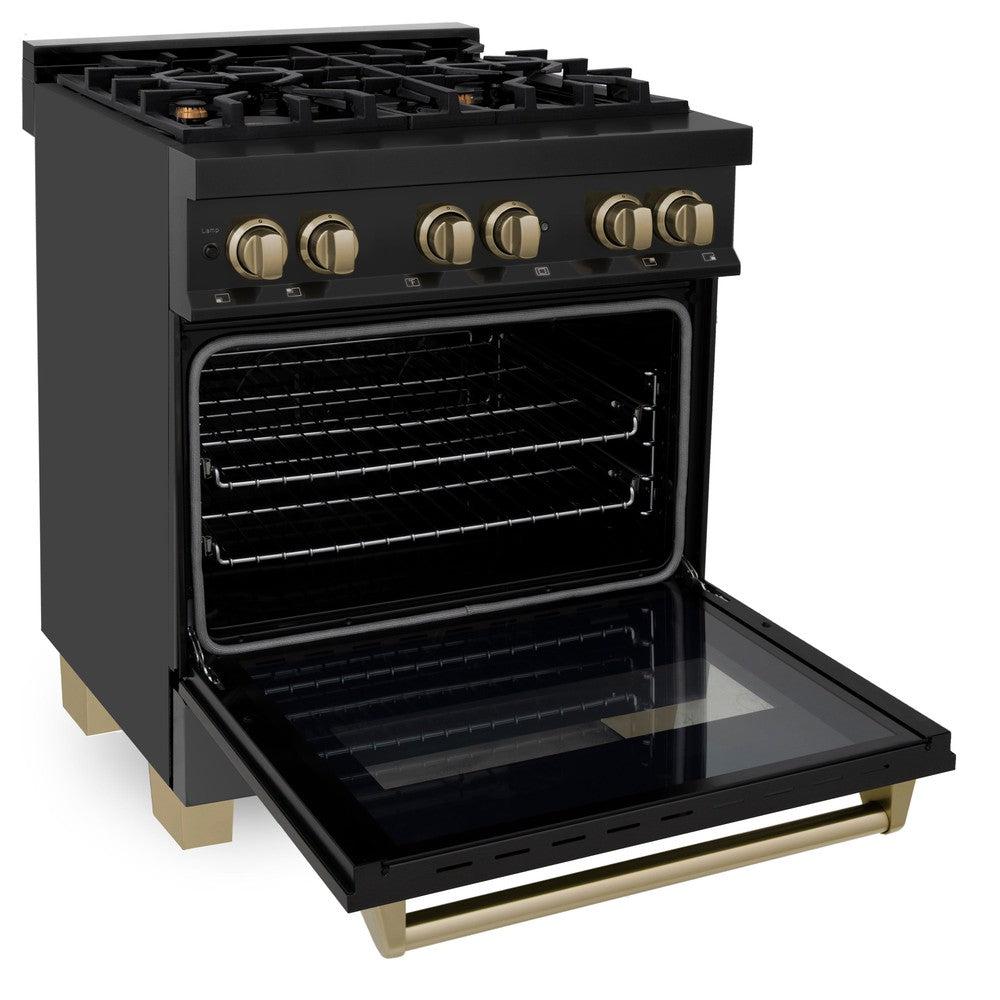 ZLINE Autograph Edition 30-inch 4.0 cu. ft. Dual Fuel Range with 4-Burner Gas Cooktop & Electric Convection Oven - Black Stainless Steel with Champagne Bronze Accents (RABZ 30 CB) - Perfect for Modern Kitchens, Home Chefs & Gourmet Cooking