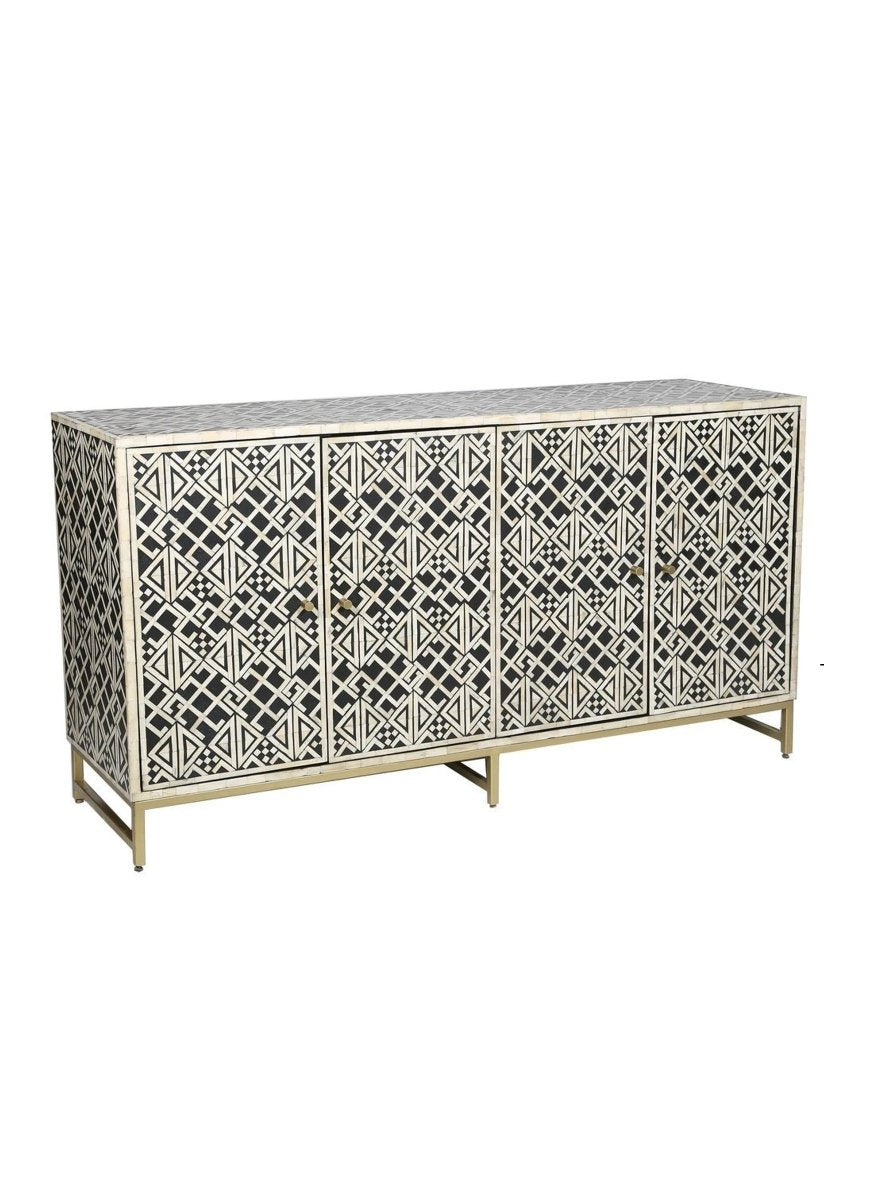 Handmade Black Bone Inlay Sideboard with 4 Doors - Vintage Boho Cabinet for Dining Room, Living Room & Entryway Storage