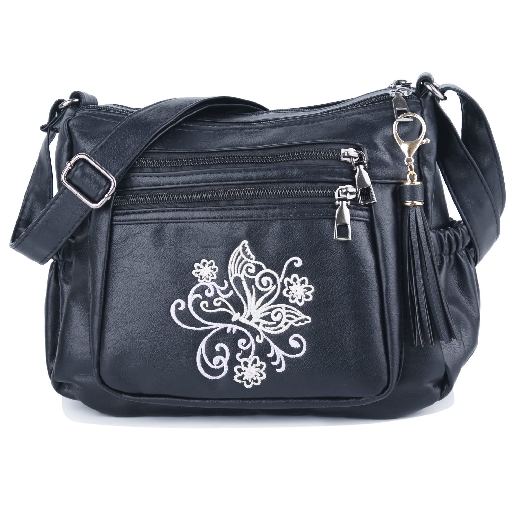 ELDA Women's Embroidered Crossbody Bag - Soft PU Leather Shoulder Purse with Multiple Pockets | Fashion Handbag for Daily Use, Travel & Shopping