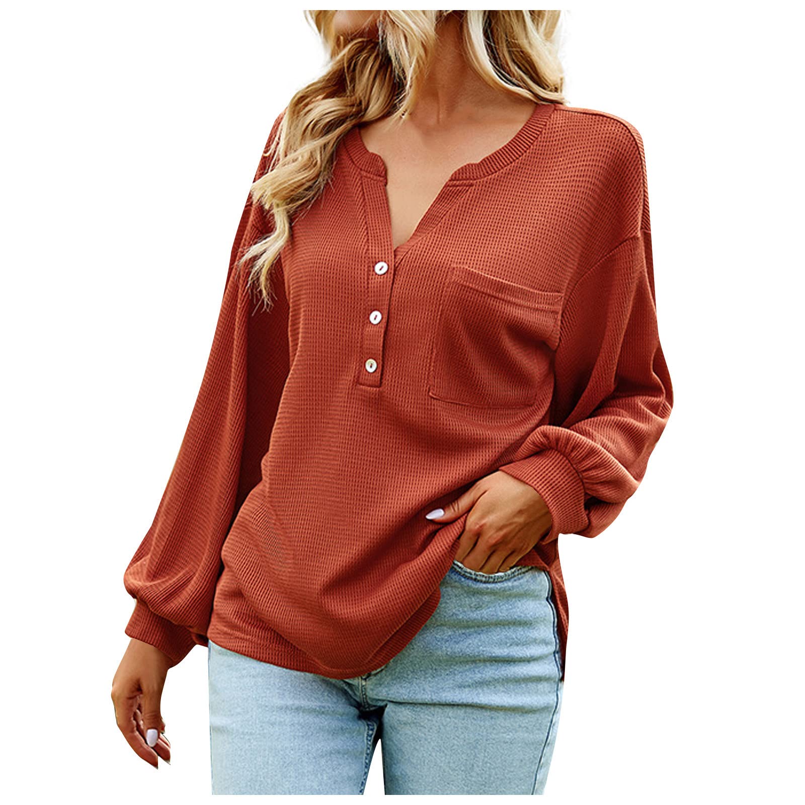 Women's Waffle Knit Button-Up Blouse - V-Neck Henley Tunic Top with Lantern Sleeves | Vintage Style Loose Fit Casual Shirt for Everyday Wear, Office & Date Nights