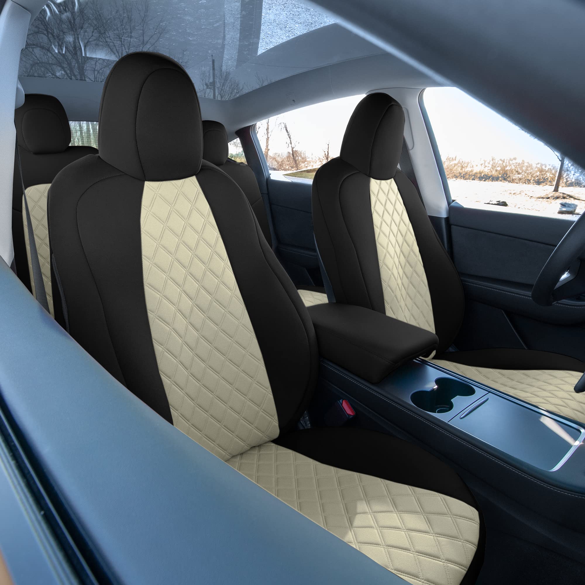 TLH Custom Fit Waterproof Beige Seat Covers for Tesla Model Y 2020-2024 - Full Set Premium Car Interior Accessories | Perfect for Road Trips, Daily Commutes & Protecting Your Tesla Seats