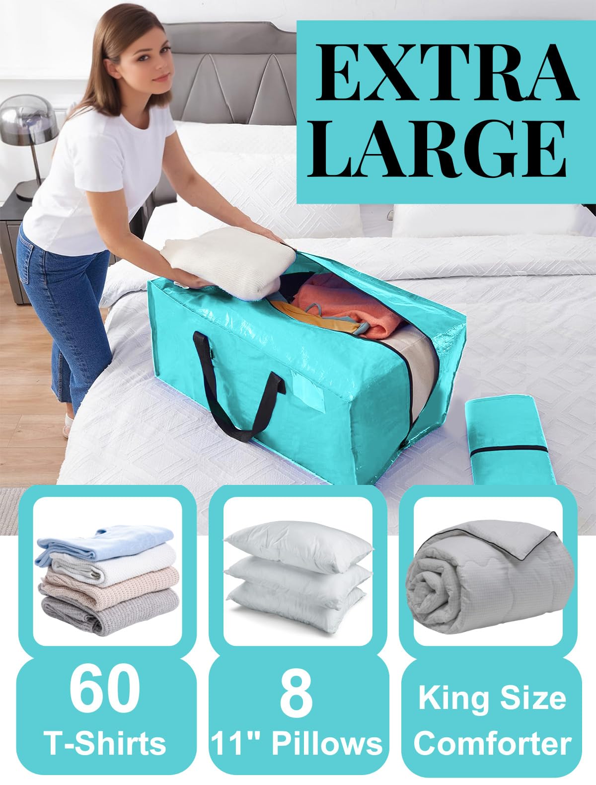 Extra Large Heavy Duty Moving Bags with Zipper & Backpack Straps - 2 Pack Durable Storage Totes for Clothes, College Moving Supplies & Packing - Perfect for Dorm, Travel & Home Organization (Ice Blue)
