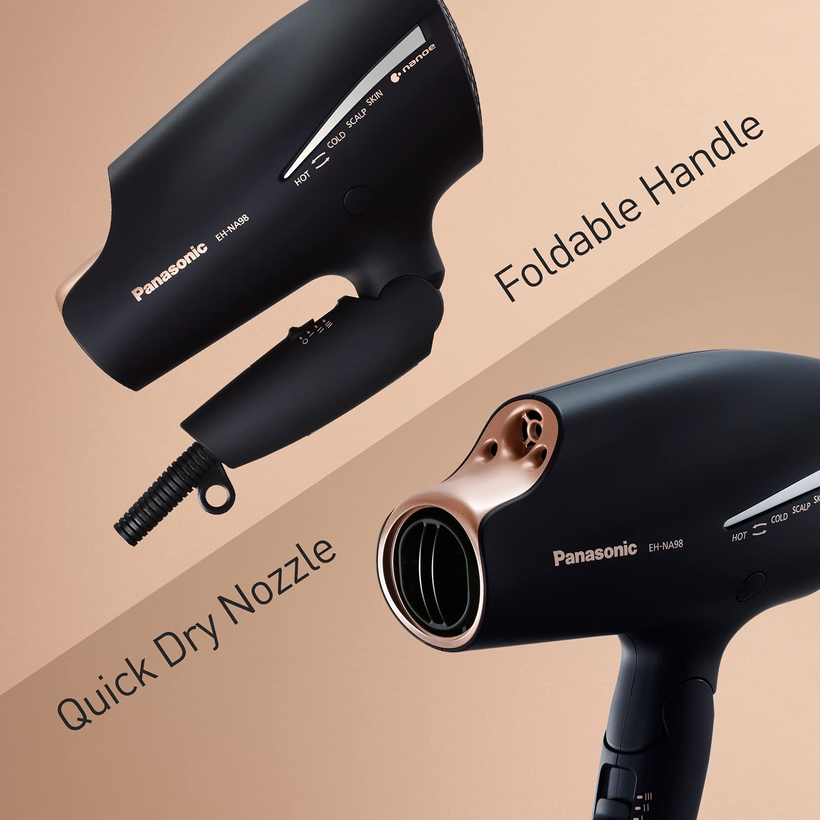 Panasonic EH-NA98 Nanoe Hair Dryer with Double Mineral Technology - Folding Travel Hair Dryer for Damaged Hair, Reduces Frizz & Split Ends - Includes Styling Nozzle, Hair Brush & Travel Pouch - Perfect for Home Use, Salon Styling & Holiday Gifts