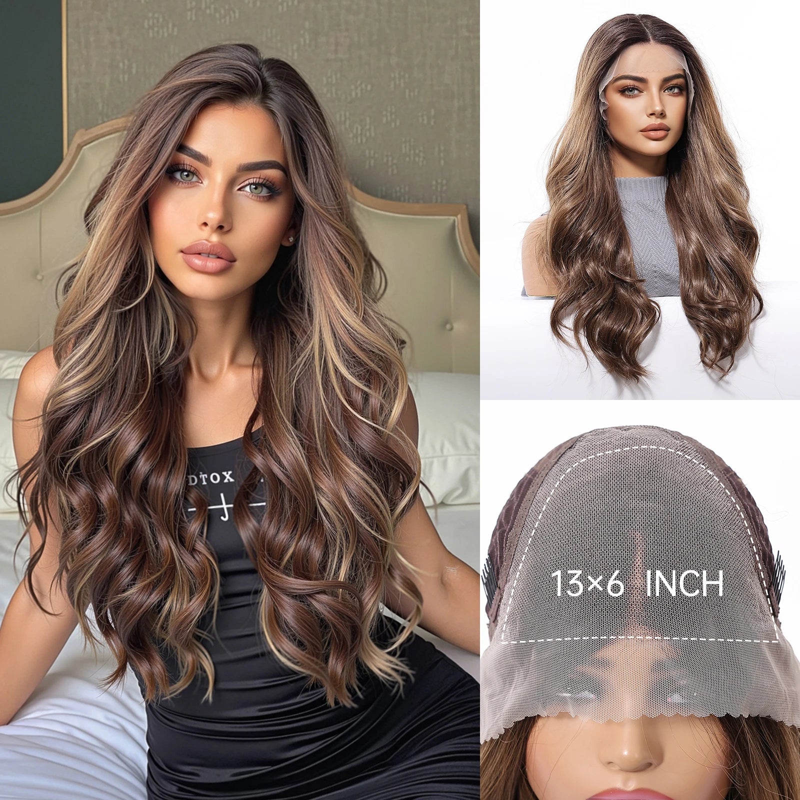 Long Brown Blonde Highlight Synthetic Hair Wig for Women - Natural Looking Straight Shoulder Length Cosplay Costume Party Daily Wear