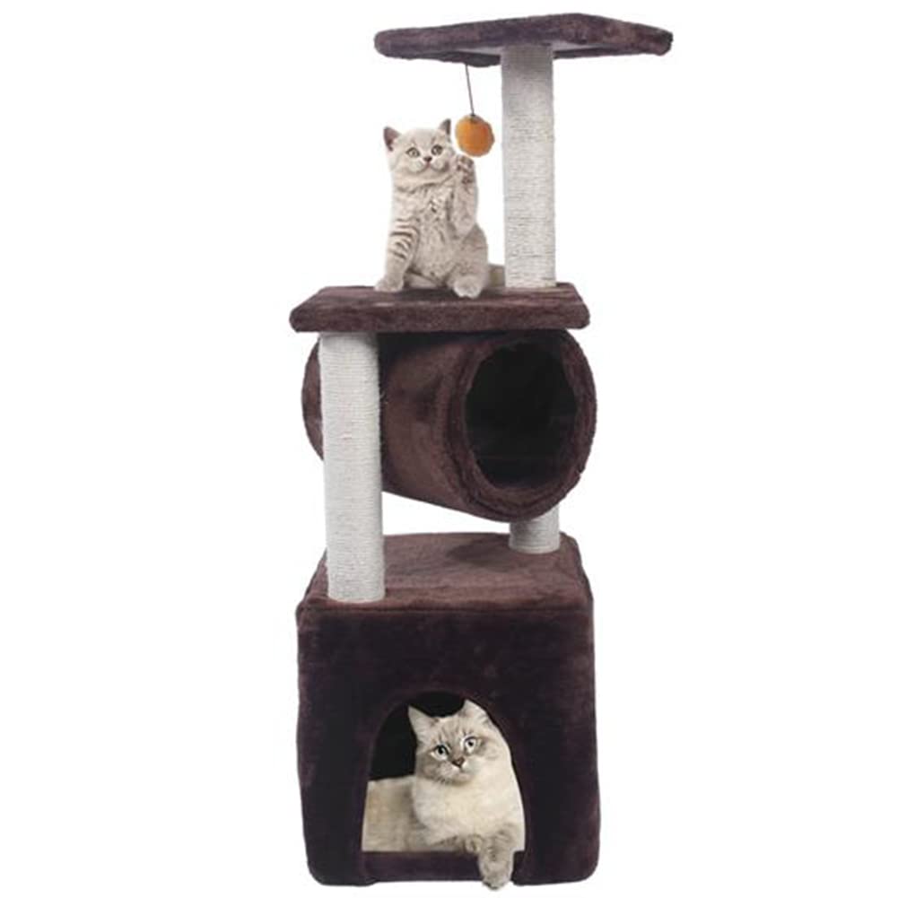 AKDXM 36-Inch Cat Tree with Sisal Scratching Posts - Large Cat Tower with Plush Perch & Solid Base - Easy to Assemble Cat Climbing Frame for Indoor Cats (Brown, 11.81x11.81x35.83 Inches) - Perfect for Small Apartments & Multi-Cat Homes
