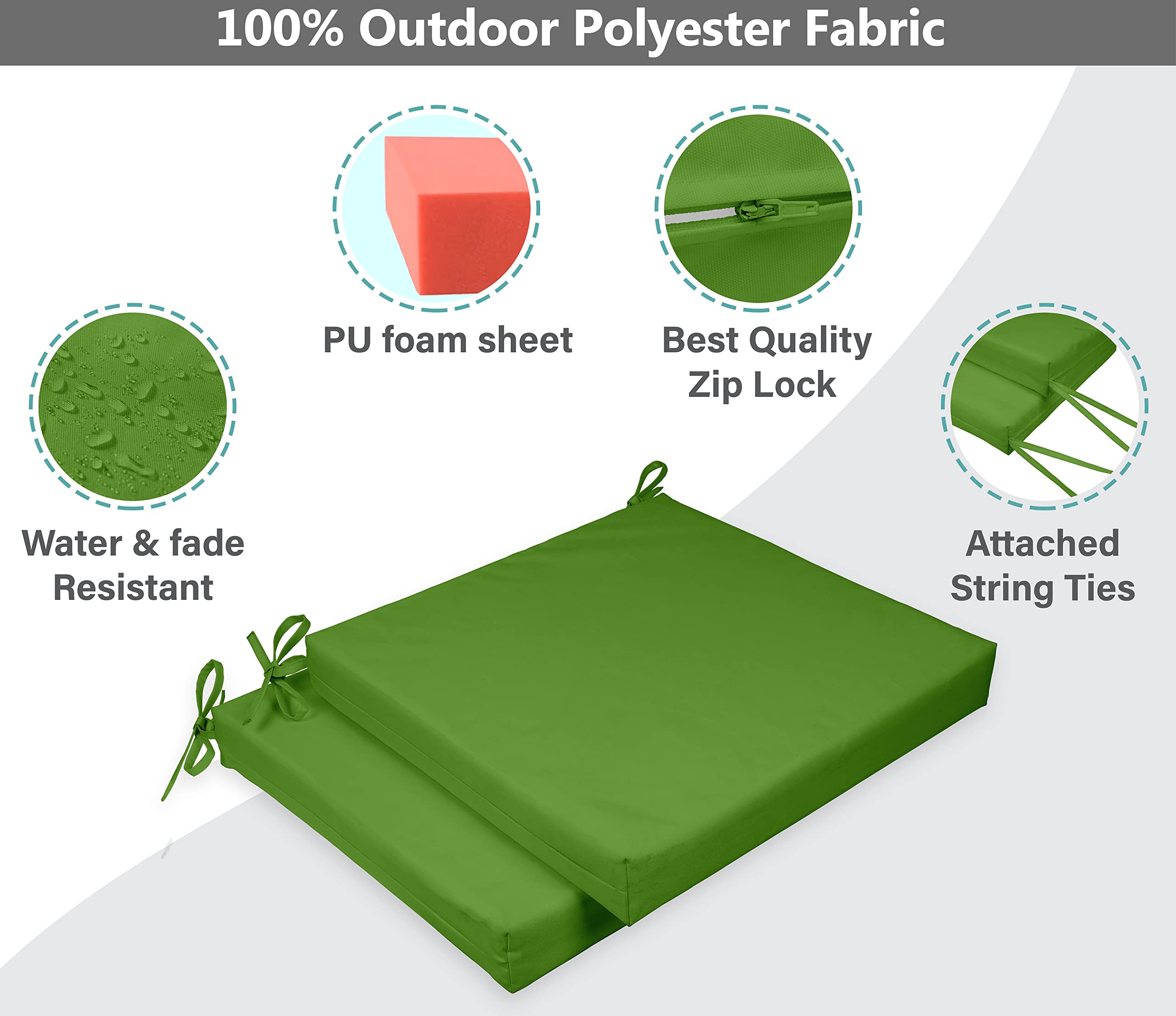 Premium 20x20 Inch Square Patio Chair Cushions Set of 2 - Indoor/Outdoor Waterproof Seat Cushions with Ties for Garden Furniture, Deck Chairs & Home Decor in Pear Green | Perfect for Backyard, Poolside & Sunroom Relaxation