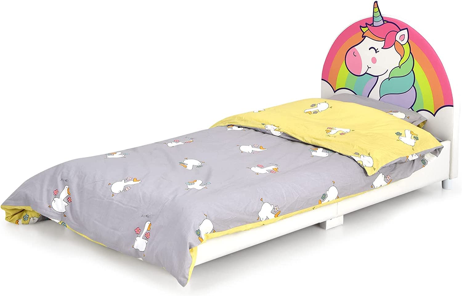 HONEY JOY Twin Bed Frame for Kids - Sturdy Wooden Platform Bed with Headboard & Slat Support, No Box Spring Needed - Perfect for Boys & Girls Bedroom - Fits Standard Twin Mattress - Unicorn Themed Kids Furniture for Playrooms & Sleepovers