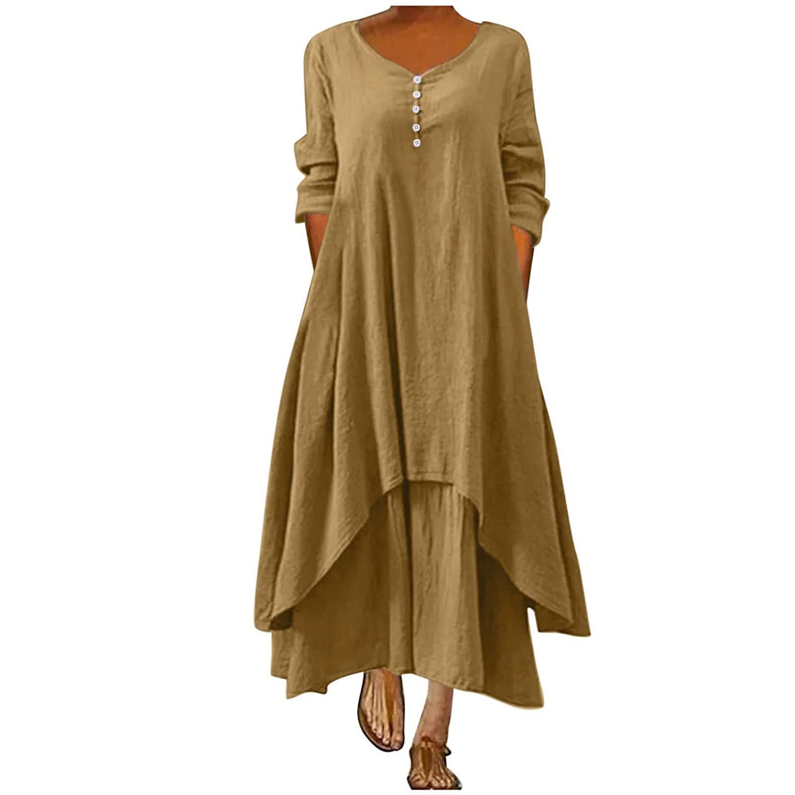 **Dgoopd Women's Cotton Linen Button Down Maxi Dress - Plus Size, Double Layer Hem, Half Sleeve, Crewneck, Solid Color - Perfect for Casual Wear, Beach Outings & Summer Vacations**
